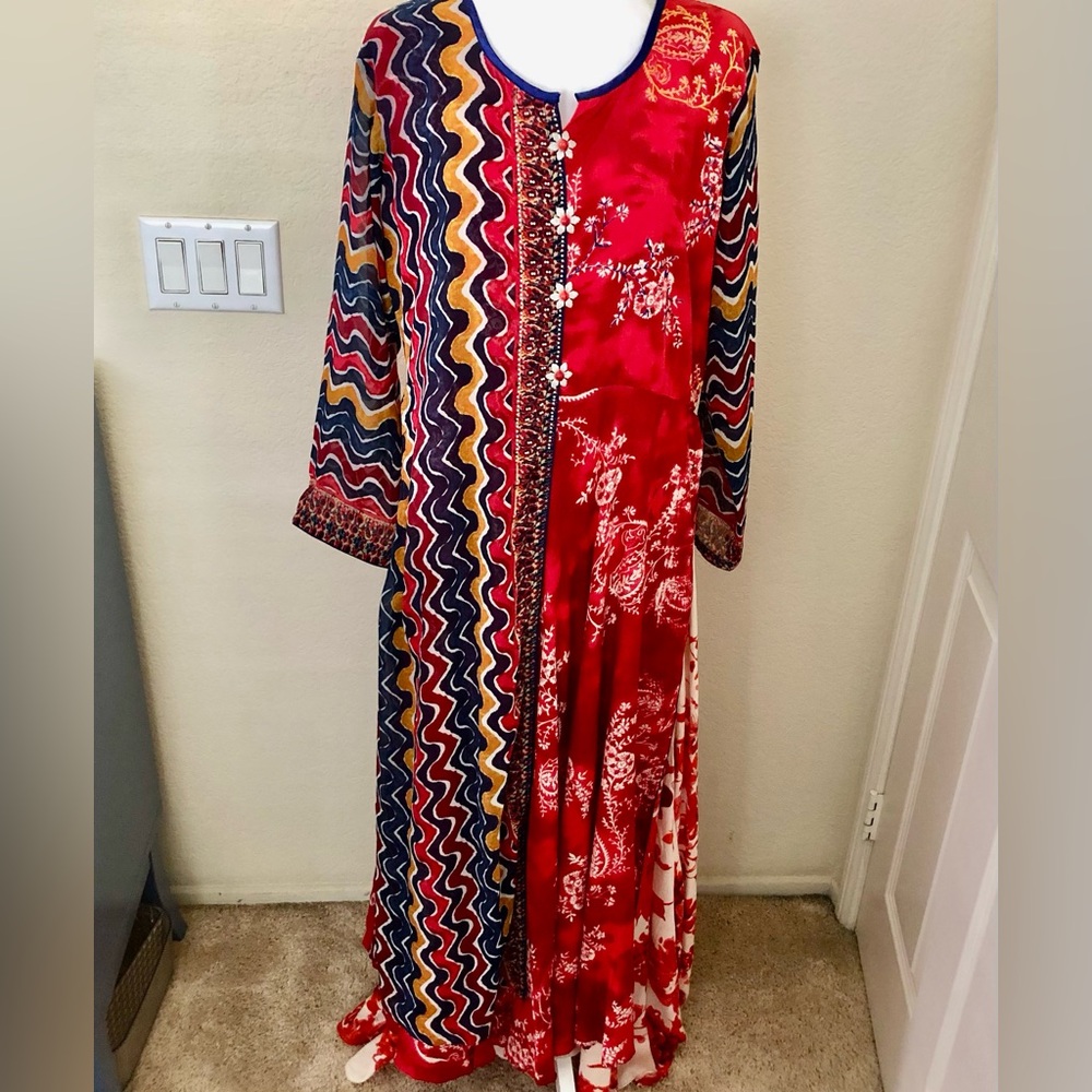 Vibrant Hand Beaded Multi Layered Long Sleeve Indian Maxi Dress
